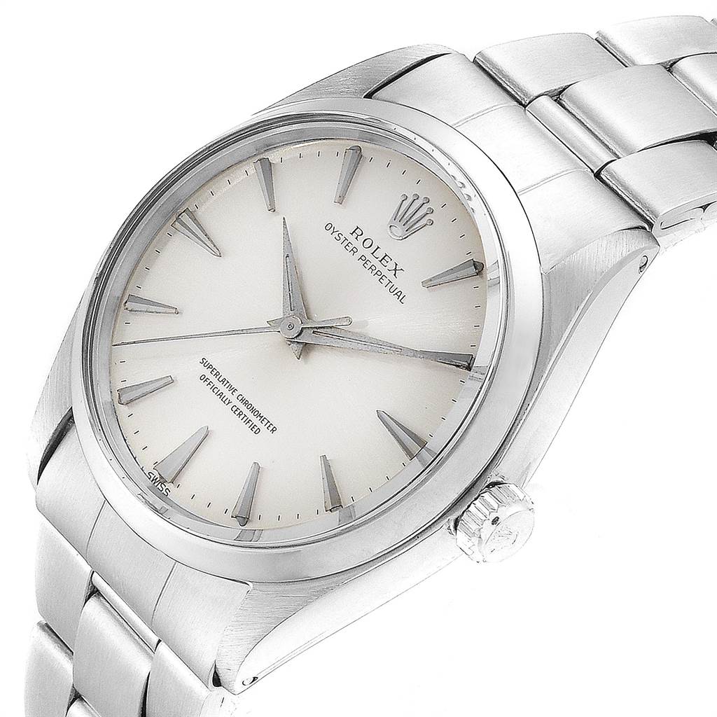The Rolex Vintage Collection 1002 Men's Stainless Steel Silver Dial 1002 Men's Stainless Steel Silver Dial watch is shown from an angled side view, displaying its dial, case, crown, and bracelet.