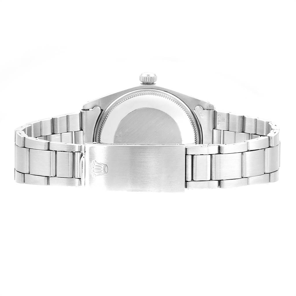 This image shows the back view of the Rolex Vintage Collection 1002 Men's Stainless Steel Silver Dial 1002 Men's Stainless Steel Silver Dial watch, highlighting the watch case, crown, and bracelet clasp.