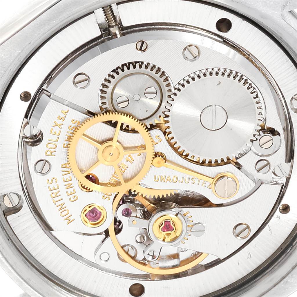 This image shows the intricate internal mechanics of the Rolex Vintage Collection 6694 Men's Stainless Steel Silver Dial 6694 Men's Stainless Steel Silver Dial model, viewed from the backside.