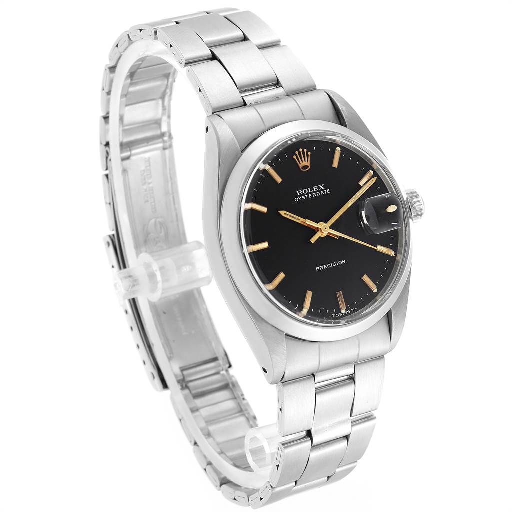 The image shows a side view of the Rolex Vintage Collection 6694 Men's Stainless Steel Black Dial 6694 Men's Stainless Steel Black Dial watch displaying the dial, bracelet, and crown.