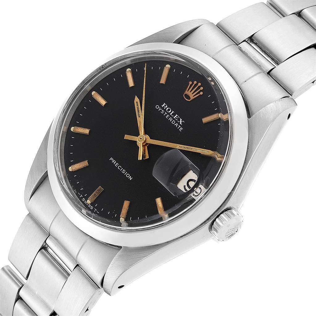 This image shows a close-up, angled view of a Rolex Vintage Collection 6694 Men's Stainless Steel Black Dial 6694 Men's Stainless Steel Black Dial watch with a black dial and metal bracelet.