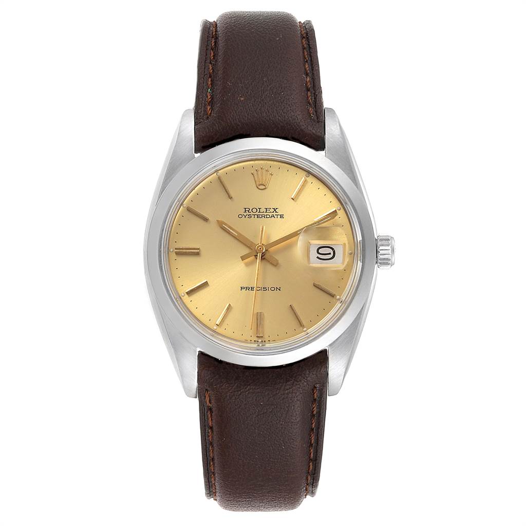 This image shows a front view of the Rolex Vintage Collection 6694 Men's Stainless Steel Champagne Dial 6694 Men's Stainless Steel Champagne Dial model watch, displaying its dial, case, and leather strap.