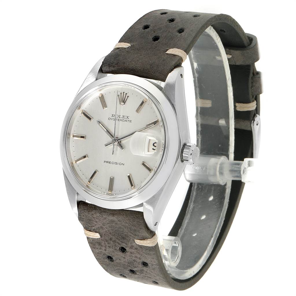 This Vintage Collection model by Rolex is shown at a three-quarter angle, displaying the face, bezel, crown, and strap.