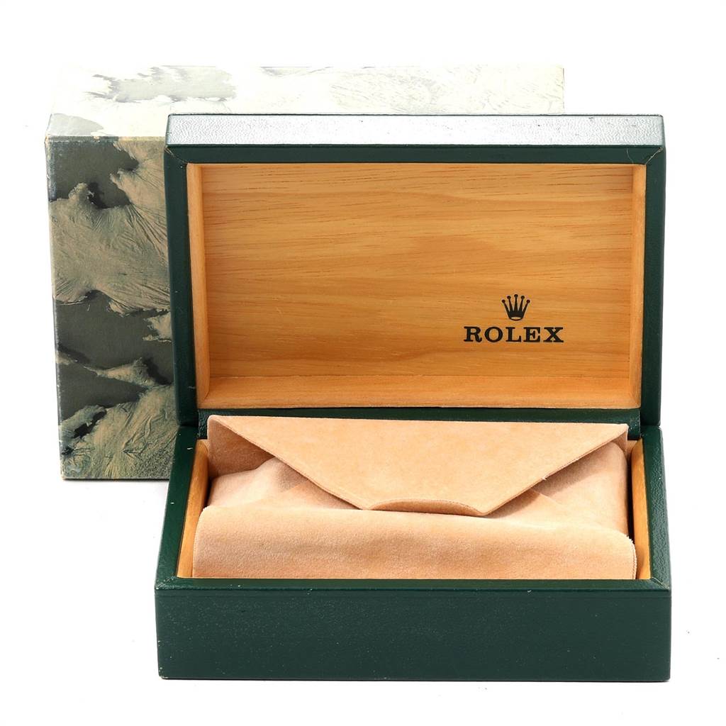 The image shows an open luxury wooden presentation box for a Rolex Vintage Collection 16013 Men's Stainless Steel Champagne Dial 16013 Men's Stainless Steel Champagne Dial watch, revealing the placeholder pillow inside.