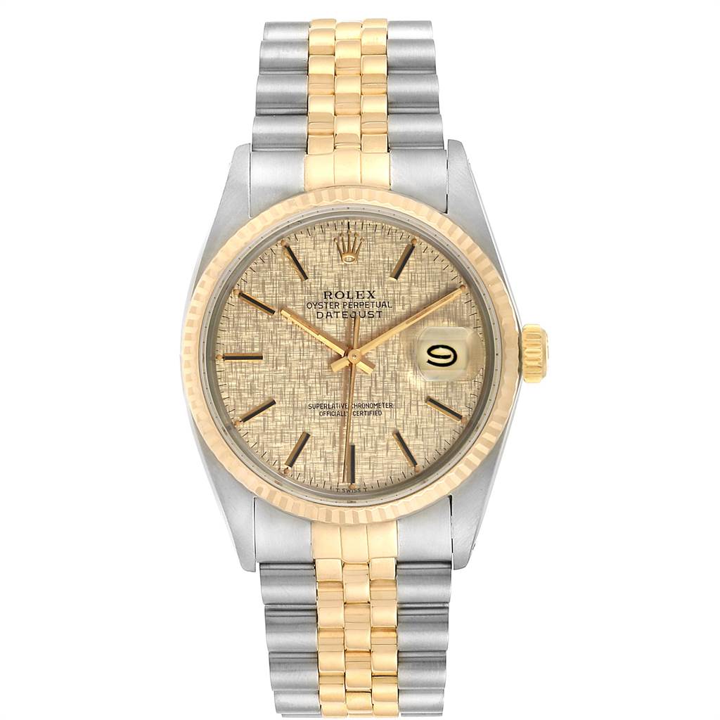 The image shows a front view of the Rolex Vintage Collection 16013 Men's Stainless Steel Champagne Dial 16013 Men's Stainless Steel Champagne Dial watch, highlighting the dial, bezel, and two-tone bracelet.