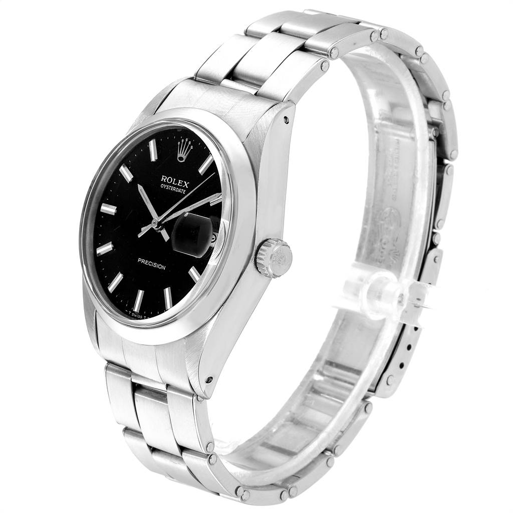 The image shows a side view and partial front view of a Rolex Vintage Collection 6694 Men's Stainless Steel Black Dial 6694 Men's Stainless Steel Black Dial model watch, highlighting its black dial, crown, and metal bracelet.