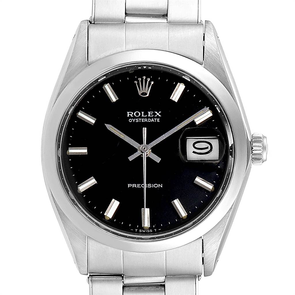 This image shows a front view of the Rolex Vintage Collection 6694 Men's Stainless Steel Black Dial 6694 Men's Stainless Steel Black Dial Oysterdate watch, highlighting the dial, date, and crown.