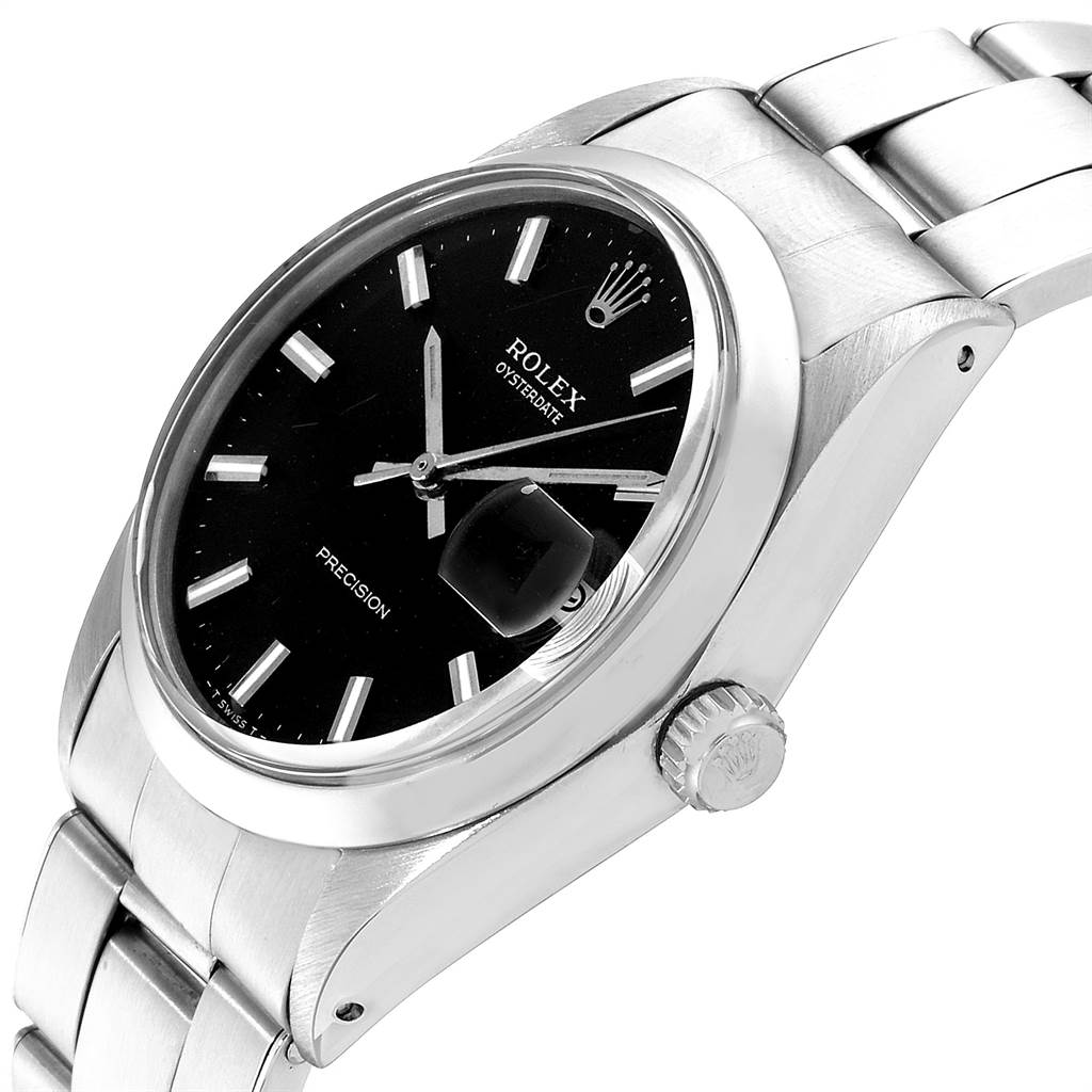 The image shows a Rolex Vintage Collection 6694 Men's Stainless Steel Black Dial 6694 Men's Stainless Steel Black Dial model watch at an angled side view focusing on the case, crown, and bracelet.