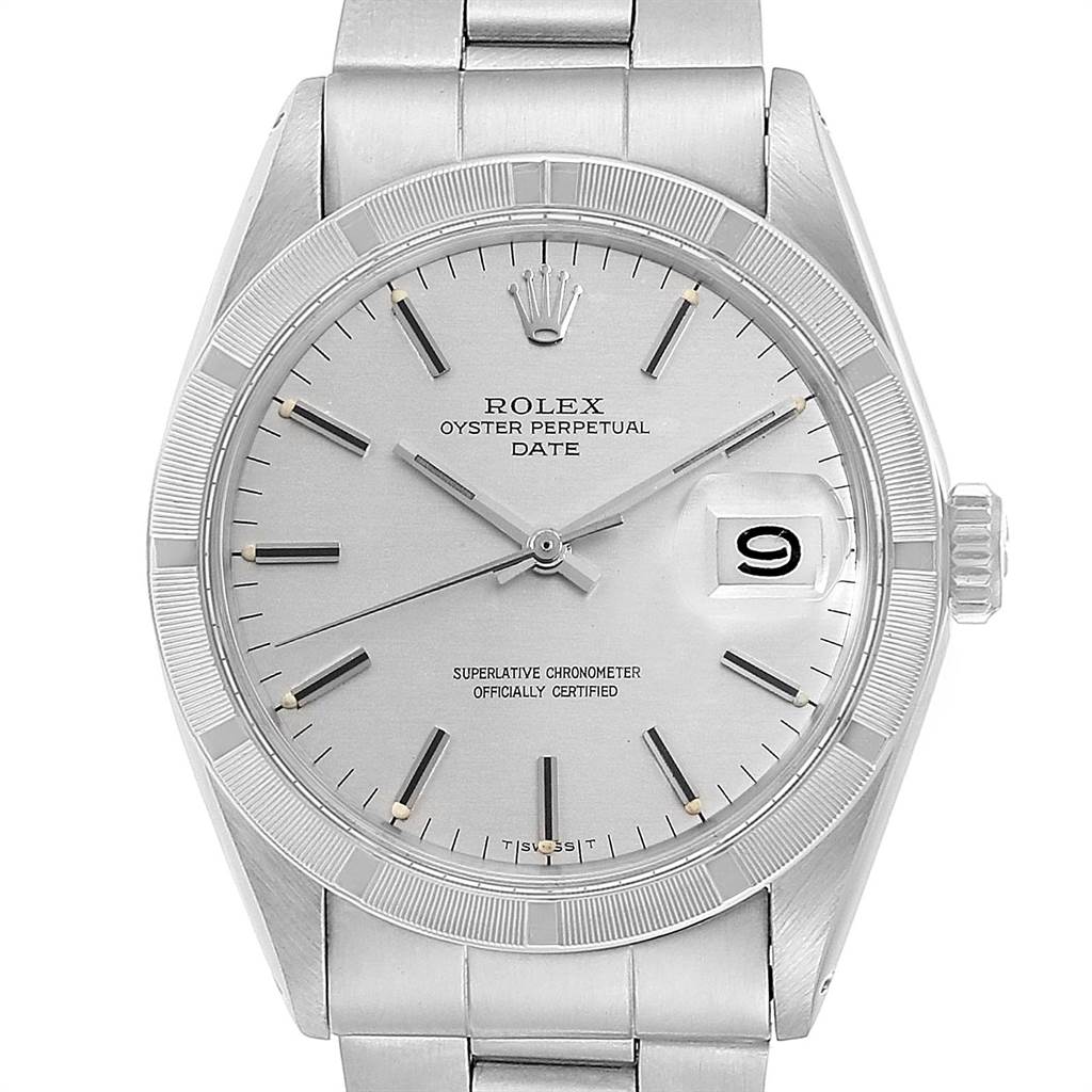 This is a front view of the Rolex Vintage Collection 1501 Men's Stainless Steel Silver Dial 1501 Men's Stainless Steel Silver Dial Oyster Perpetual Date watch, showing the dial, hands, crown, and bracelet.