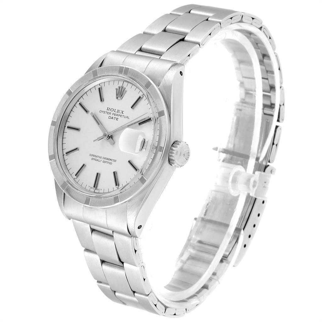 The image shows a side view of a Rolex Vintage Collection 1501 Men's Stainless Steel Silver Dial 1501 Men's Stainless Steel Silver Dial Oyster Perpetual Date watch, highlighting the dial, bezel, case, and bracelet.
