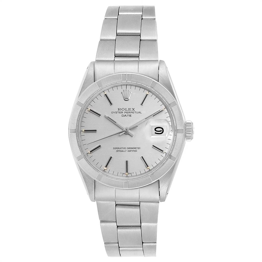 The image shows a front angle view of a Vintage Collection Rolex Oyster Perpetual Date watch, displaying the dial, bezel, and bracelet.