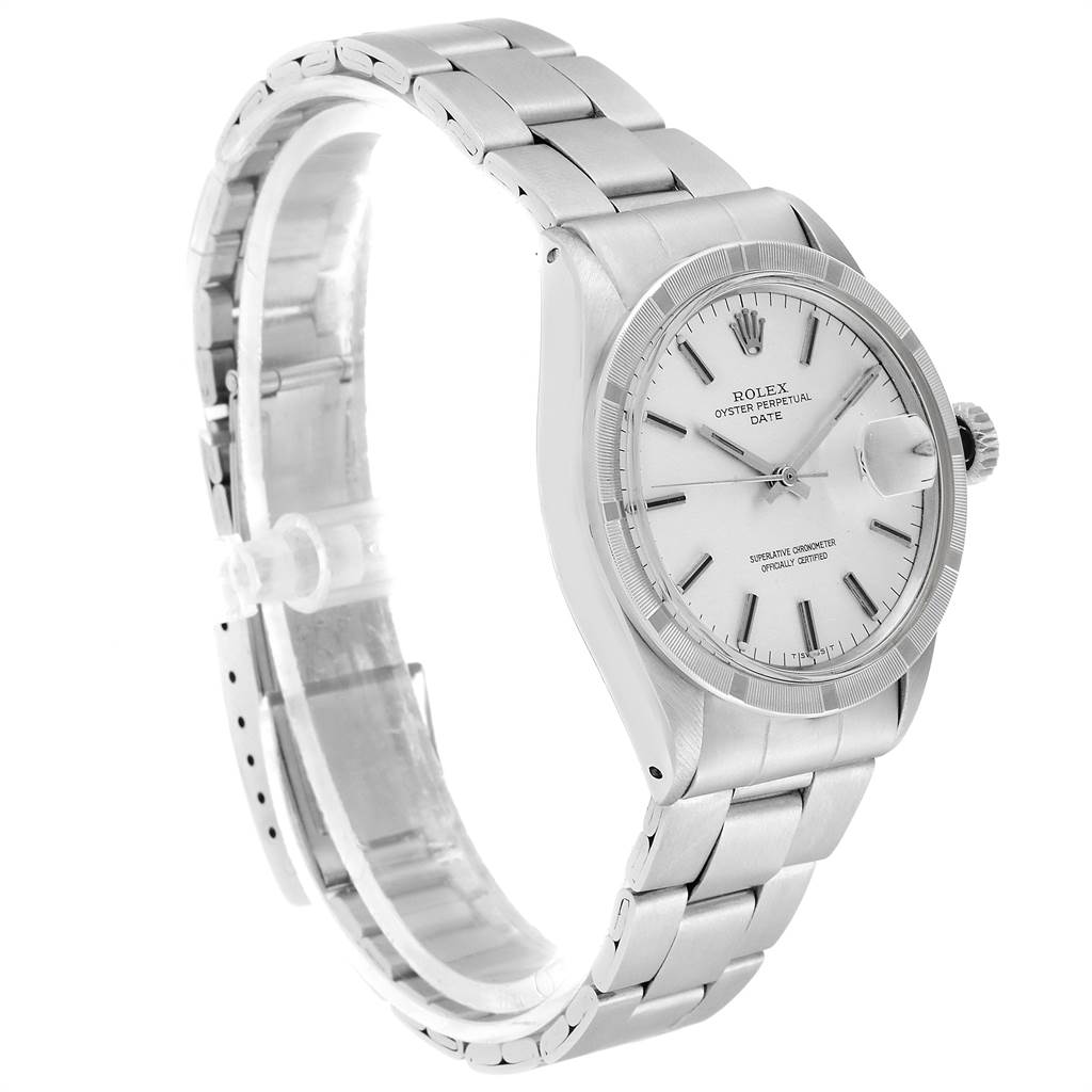 The image shows a Rolex Vintage Collection 1501 Men's Stainless Steel Silver Dial 1501 Men's Stainless Steel Silver Dial model from a left-angle view, highlighting the watch face, bezel, crown, and bracelet.