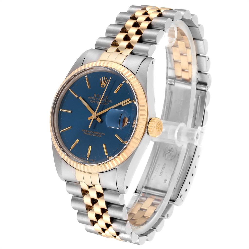 The Rolex Vintage Collection 16013 Men's Stainless Steel Blue Dial 16013 Men's Stainless Steel Blue Dial model features a close-up of the watch face, bezel, crown, and two-tone bracelet.