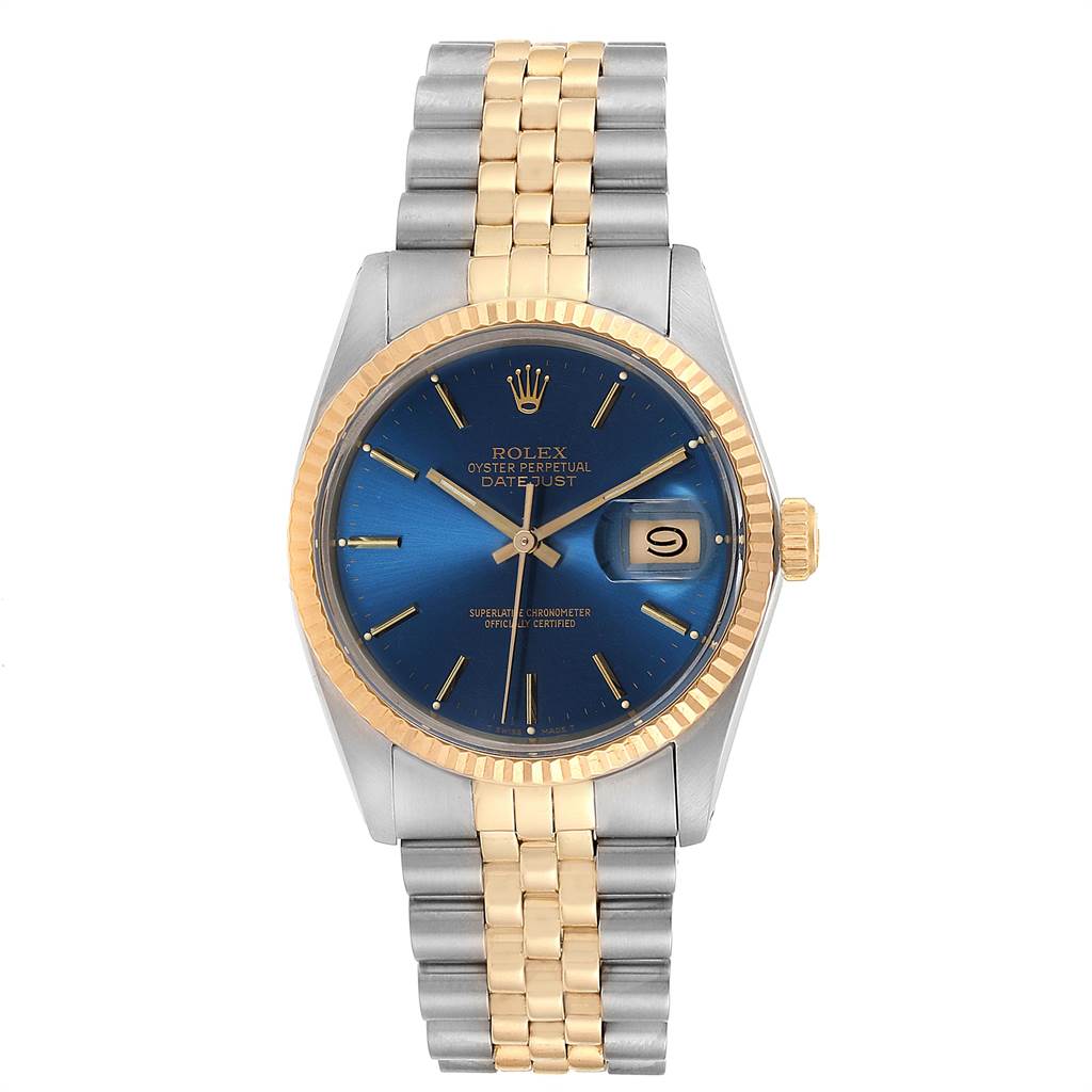 The image shows a front view of the Rolex Vintage Collection 16013 Men's Stainless Steel Blue Dial 16013 Men's Stainless Steel Blue Dial Oyster Perpetual Datejust watch, highlighting its blue dial, gold bezel, and bi-tone bracelet.