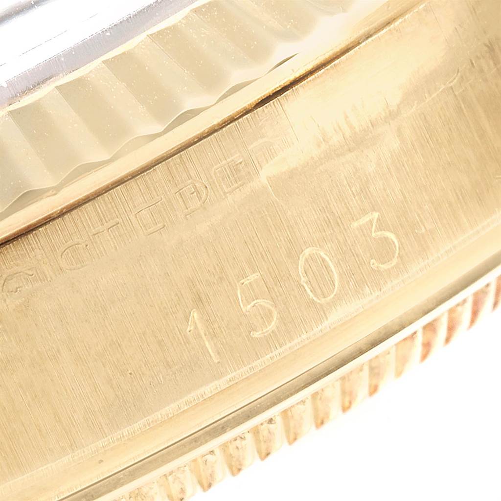 The image shows a close-up of the case side and bezel of the Vintage Collection model by Rolex, featuring engraved markings "1503".