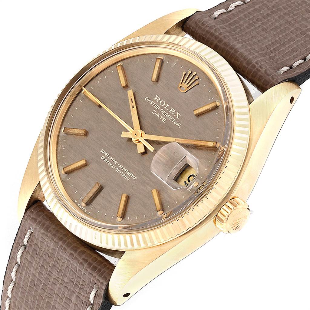 The image shows a Rolex Vintage Collection 1503 Men's Yellow Gold Brown Dial 1503 Men's Yellow Gold Brown Dial Oyster Perpetual Date watch featuring a brown leather strap, gold case, and date window.