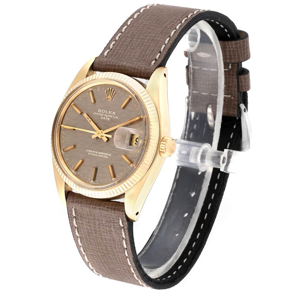 This image shows a Rolex Vintage Collection 1503 Men's Yellow Gold Brown Dial 1503 Men's Yellow Gold Brown Dial model watch at a three-quarter angle, highlighting the dial, bezel, case, and leather strap.