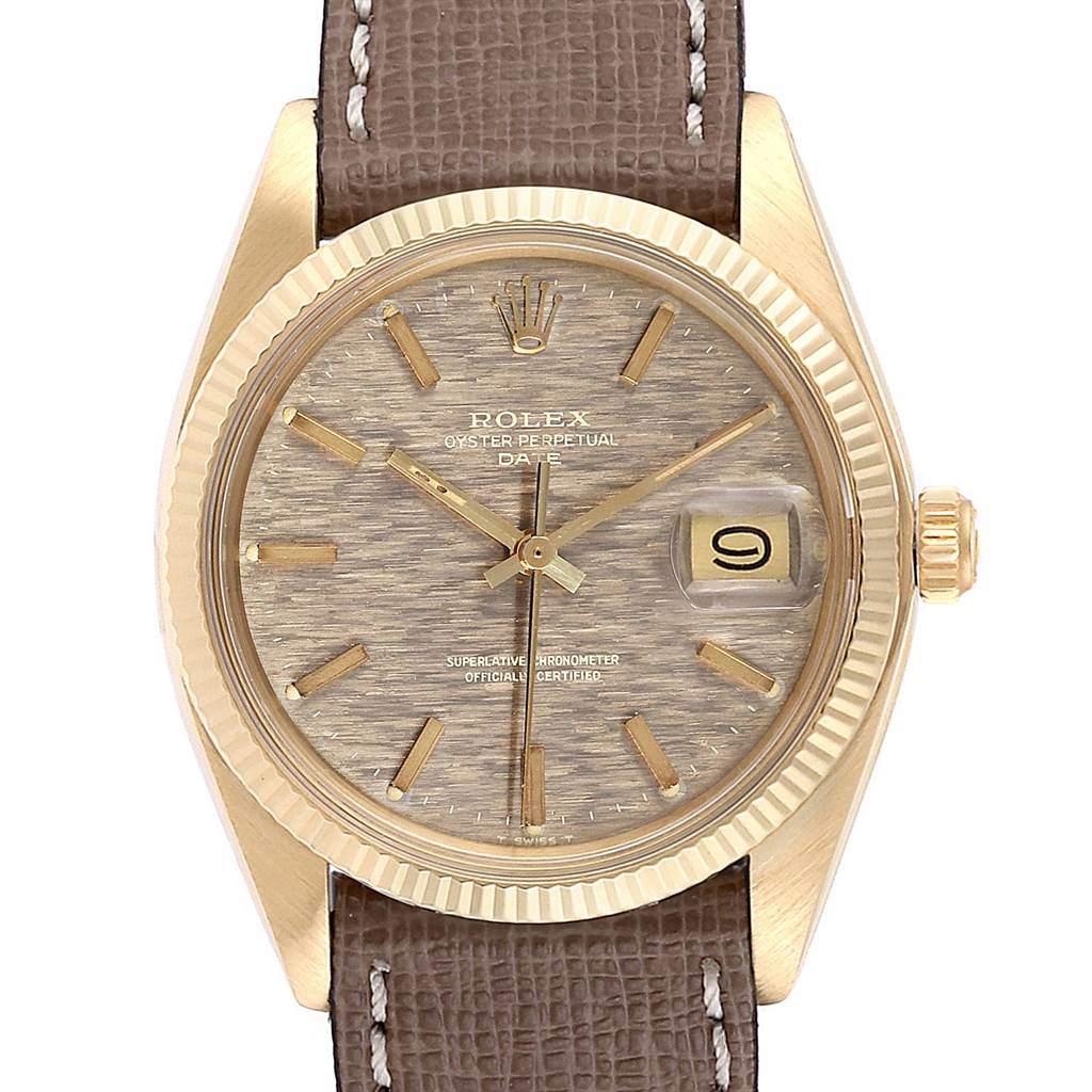 This image shows a front view of the Rolex Vintage Collection 1503 Men's Yellow Gold Brown Dial 1503 Men's Yellow Gold Brown Dial watch, highlighting the dial, hands, hour markers, and leather strap.