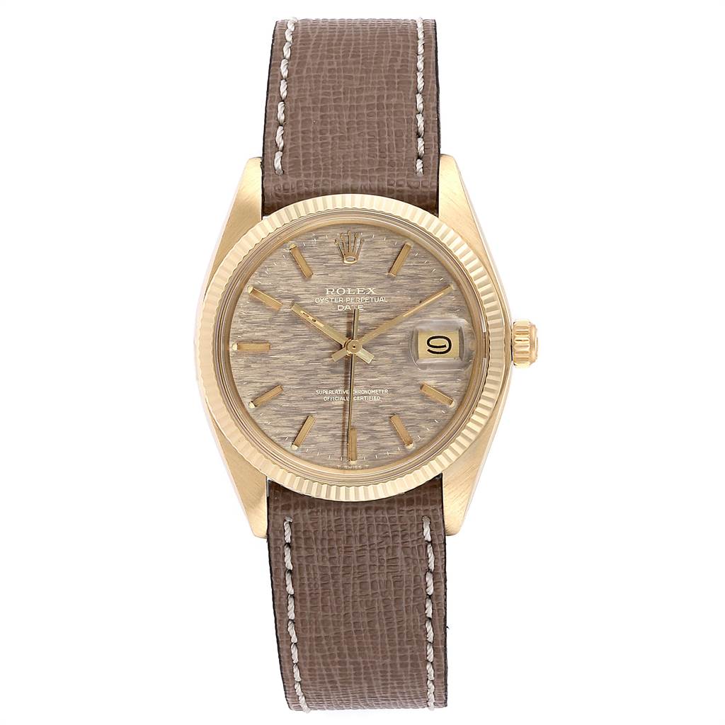 This is a frontal view of a Rolex Vintage Collection 1503 Men's Yellow Gold Brown Dial 1503 Men's Yellow Gold Brown Dial watch, showing the entire face, bezel, and leather strap.