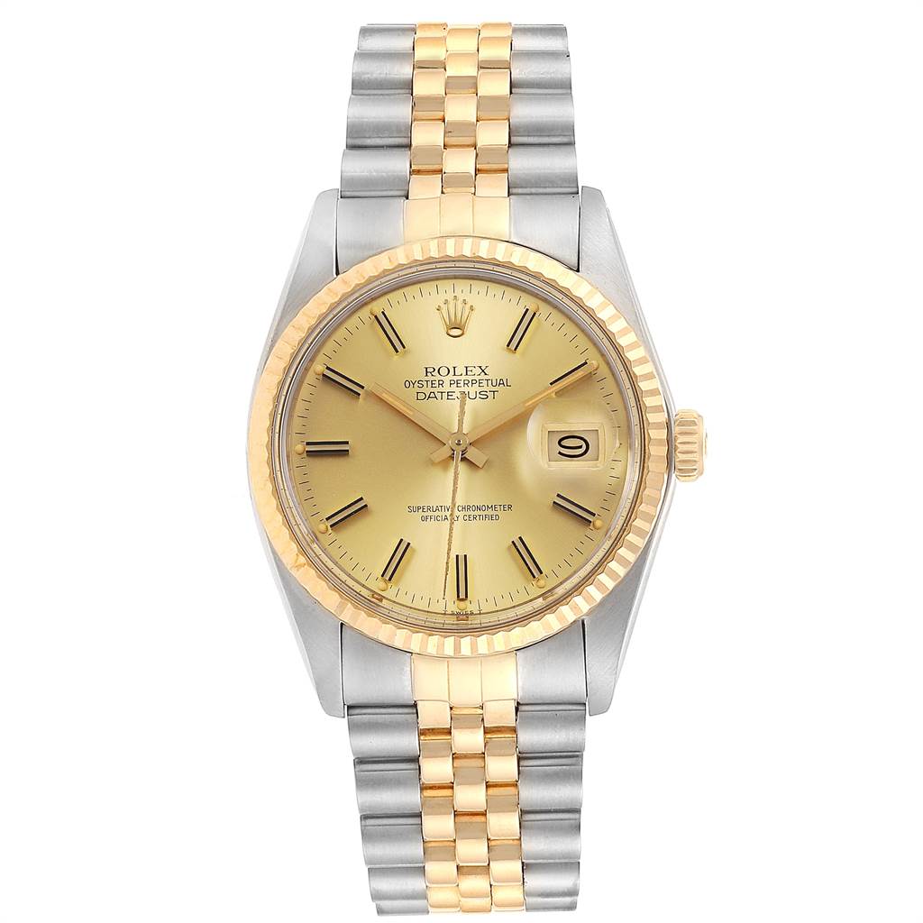 This image shows a frontal view of the Rolex Vintage Collection 16013 Men's Stainless Steel Champagne Dial 16013 Men's Stainless Steel Champagne Dial Oyster Perpetual Datejust watch, featuring a two-tone gold and silver bracelet.