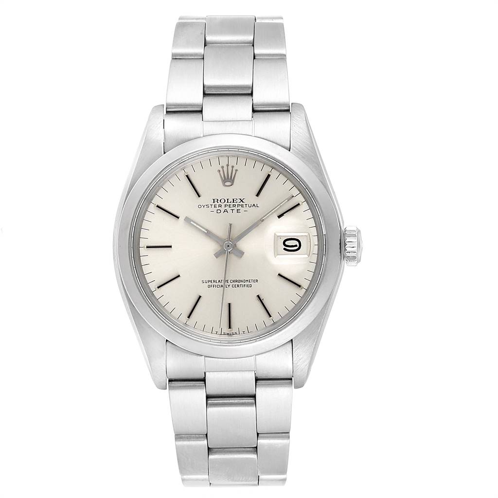 The image shows the front view of a Vintage Collection Rolex Oyster Perpetual Date, displaying the dial, hands, bezel, and bracelet.