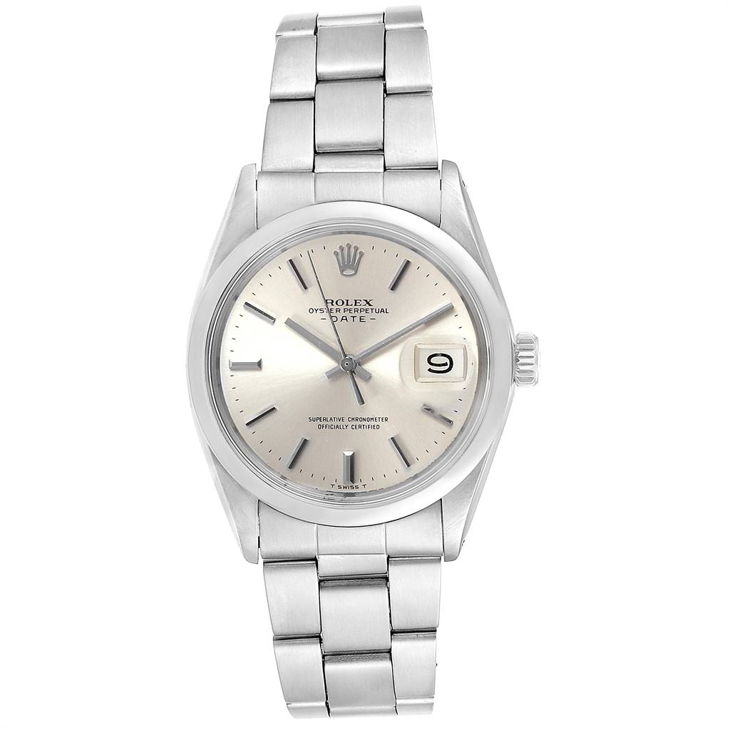 This image shows a frontal view of a Rolex Vintage Collection 1500 Men's Stainless Steel Silver Dial 1500 Men's Stainless Steel Silver Dial Oyster Perpetual Date watch, including the dial, hands, bracelet, and crown.