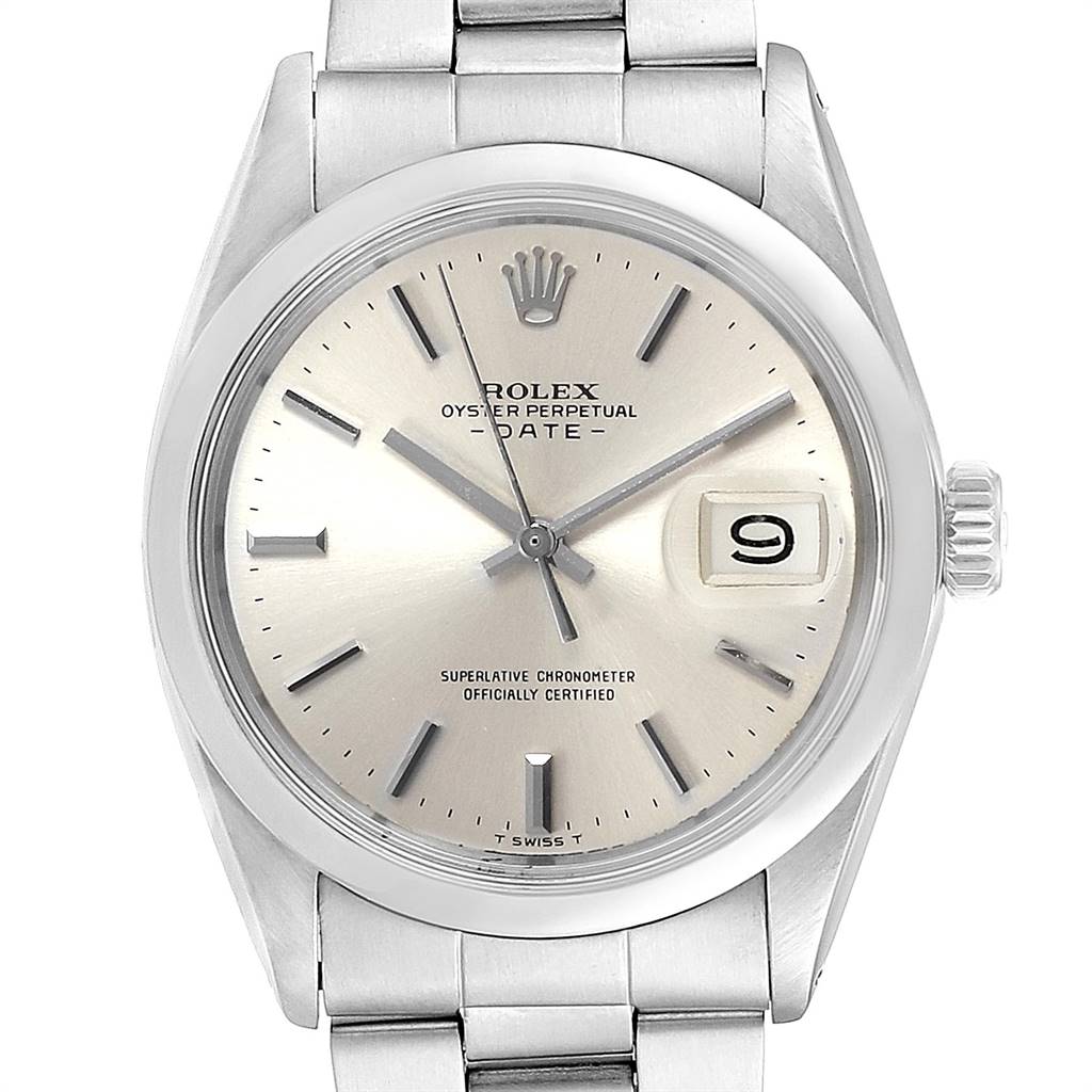 The image shows a close-up front view of a Rolex Vintage Collection 1500 Men's Stainless Steel Silver Dial 1500 Men's Stainless Steel Silver Dial Oyster Perpetual Date watch face and part of its stainless steel bracelet.