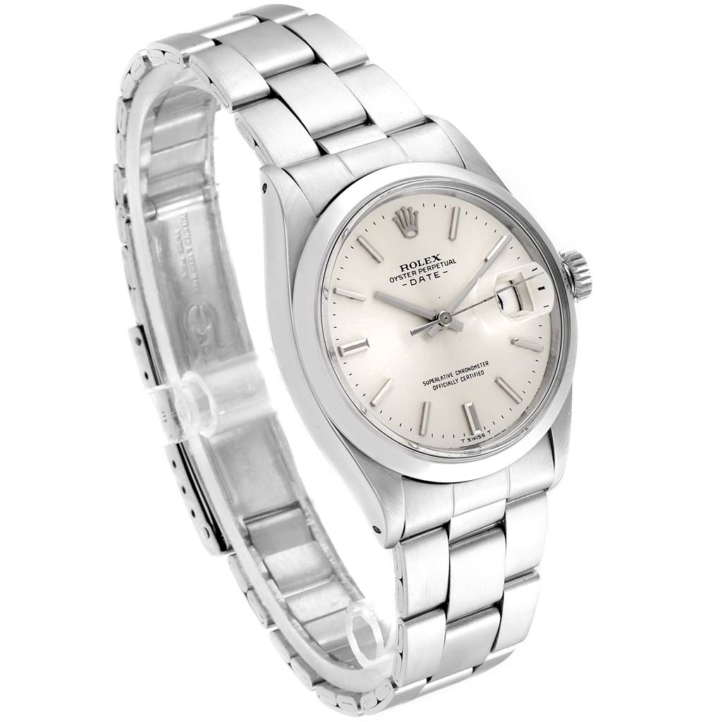 The image shows a side angle of a Rolex Vintage Collection 1500 Men's Stainless Steel Silver Dial 1500 Men's Stainless Steel Silver Dial watch, displaying its face, bezel, crown, and full bracelet.