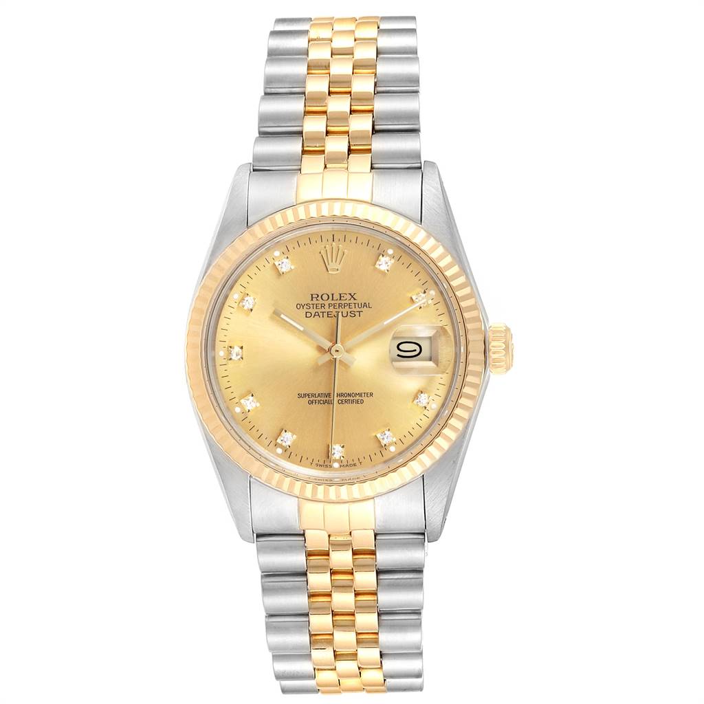 The image shows a frontal view of a Rolex Vintage Collection 16013 Men's Stainless Steel Champagne Dial 16013 Men's Stainless Steel Champagne Dial watch featuring a gold and silver two-tone design and a date display.