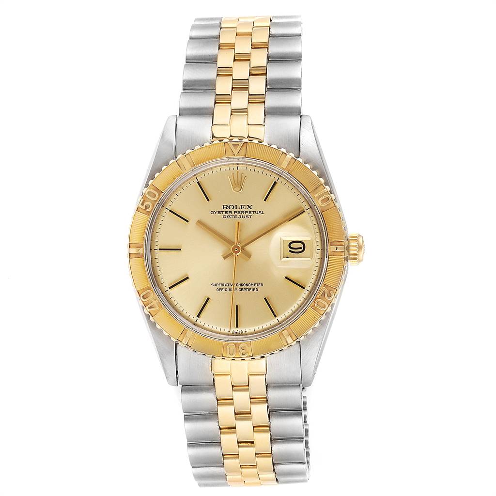 The image shows a frontal view of the Rolex Vintage Collection 1625 Men
s Steel and Gold (two tone) Silver Dial 1625 Men
s Steel and Gold (two tone) Silver Dial watch, highlighting its two-tone bracelet, gold bezel, dial, and date window.