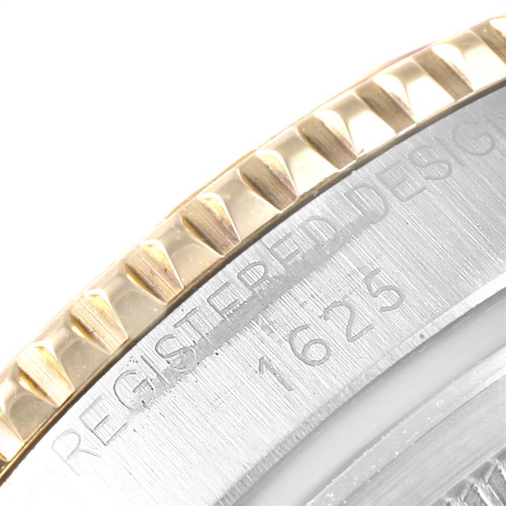 Close-up angle showing the bezel and engraved case edge of the Rolex Vintage Collection 1625 Men
s Steel and Gold (two tone) Silver Dial 1625 Men
s Steel and Gold (two tone) Silver Dial model 1625.