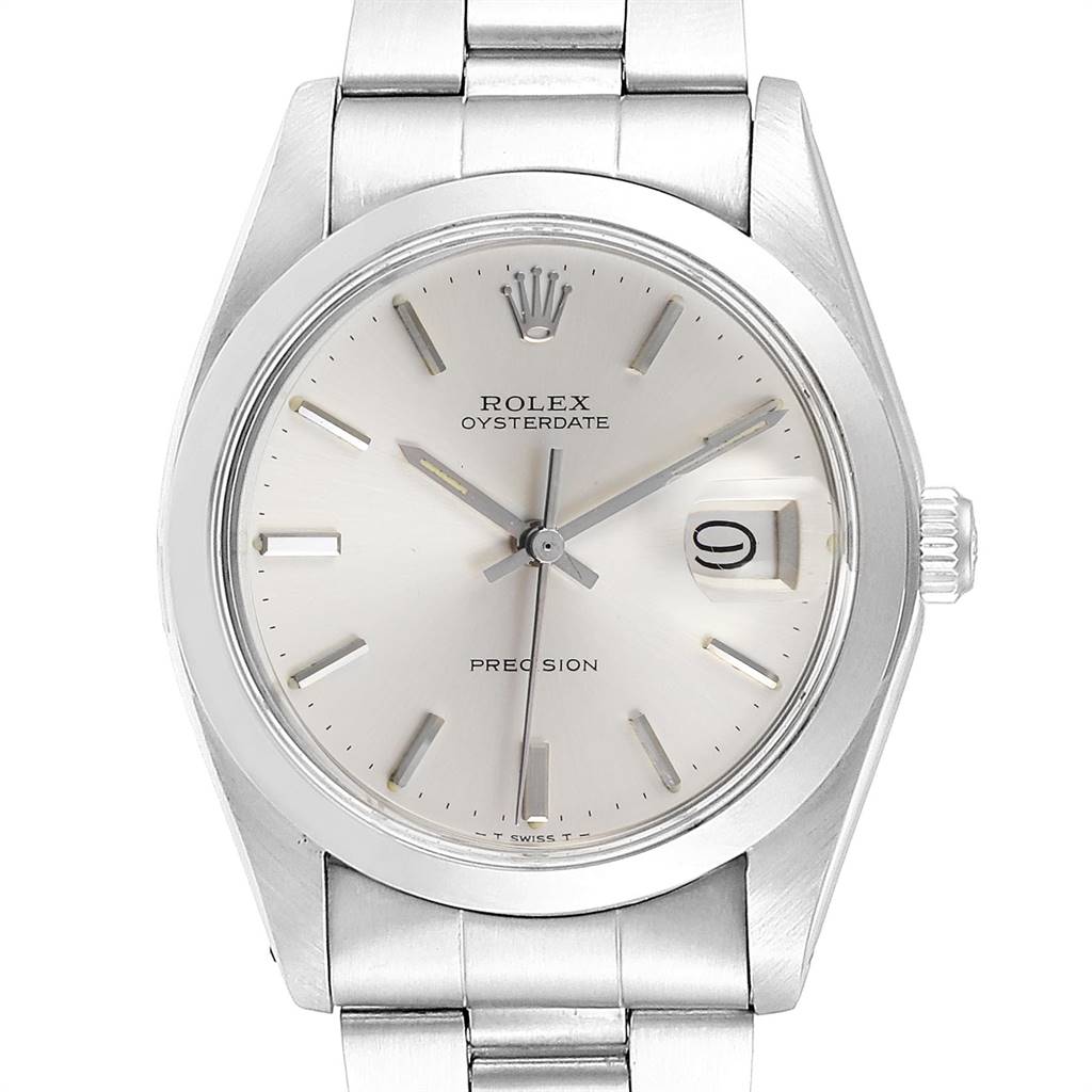 The image shows a front view of the Rolex Vintage Collection 6694 Men's Stainless Steel Silver Dial 6694 Men's Stainless Steel Silver Dial Oysterdate watch, displaying its dial and bracelet.