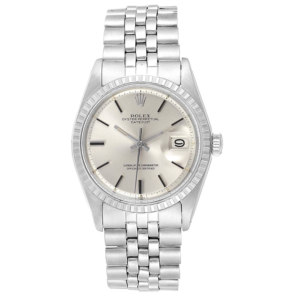 The image shows a front view of a Rolex Vintage Collection 1603 Men's Stainless Steel Silver Dial 1603 Men's Stainless Steel Silver Dial watch, featuring its dial, bezel, case, and bracelet.