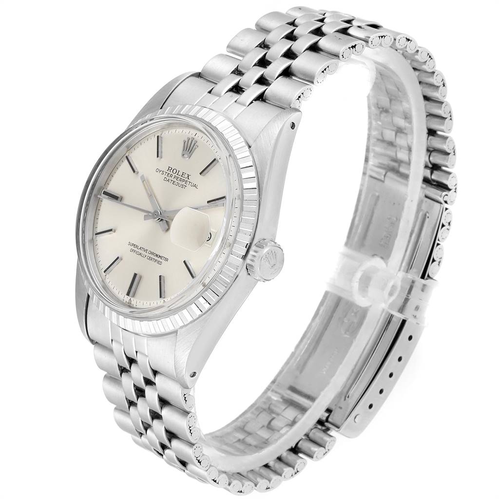 The image shows a Rolex Vintage Collection 1603 Men's Stainless Steel Silver Dial 1603 Men's Stainless Steel Silver Dial watch angled from the front-left, highlighting its face, crown, and bracelet.
