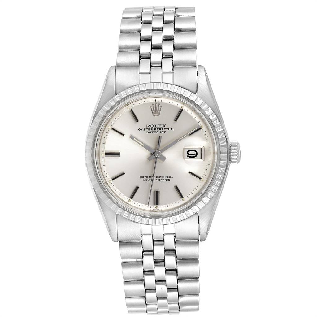 The image shows a front view of a Rolex Vintage Collection 1603 Men's Stainless Steel Silver Dial 1603 Men's Stainless Steel Silver Dial Oyster Perpetual Datejust watch, displaying the face, bezel, case, and bracelet.