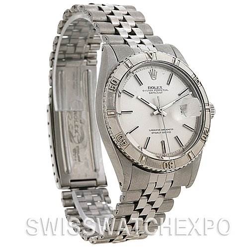 This image shows a side angle of a Rolex Vintage Collection 1625 Men's Stainless Steel Silver Dial 1625 Men's Stainless Steel Silver Dial watch, highlighting the watch face, bezel, and bracelet.