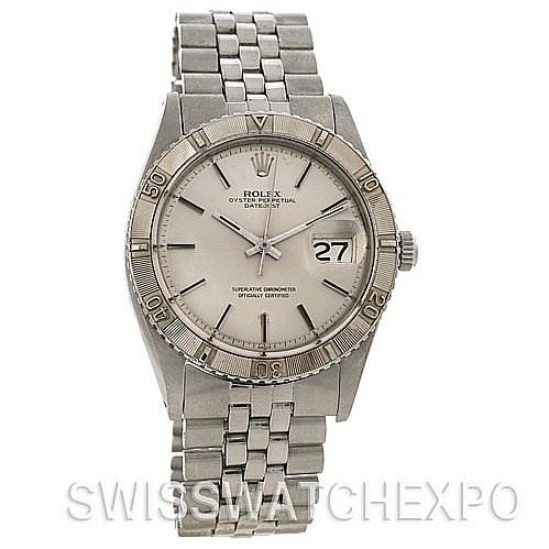 The image shows a front view of a Rolex Vintage Collection 1625 Men's Stainless Steel Silver Dial 1625 Men's Stainless Steel Silver Dial watch, highlighting its face, bezel, crown, and bracelet.