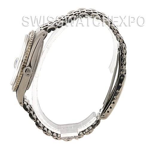 The image shows a side profile of the Rolex Vintage Collection 1625 Men's Stainless Steel Silver Dial 1625 Men's Stainless Steel Silver Dial watch, highlighting the case, crown, and bracelet.