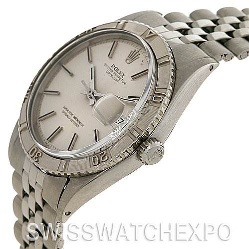 This image shows a side angle of a Rolex Vintage Collection 1625 Men's Stainless Steel Silver Dial 1625 Men's Stainless Steel Silver Dial watch, highlighting the face, crown, and bracelet.