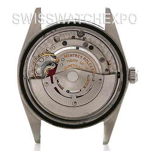 The image shows the back view of a Rolex Vintage Collection 1625 Men's Stainless Steel Silver Dial 1625 Men's Stainless Steel Silver Dial watch, revealing its mechanical movement and internal components.