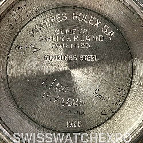 This image shows the inside of the case back of a Rolex Vintage Collection 1625 Men's Stainless Steel Silver Dial 1625 Men's Stainless Steel Silver Dial watch, displaying engravings and markings for identification.