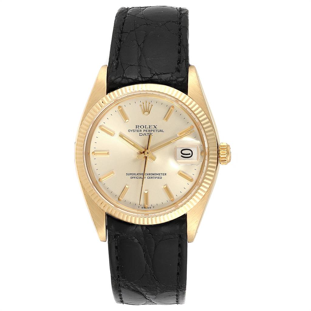The image shows a front view of the Vintage Collection Rolex watch, highlighting the dial, bezel, crown, and leather strap.