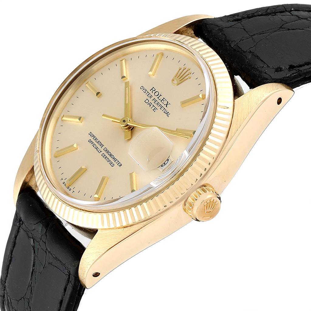 The image shows a Rolex Vintage Collection 1503 Men
s Yellow Gold Silver Dial 1503 Men
s Yellow Gold Silver Dial watch at an angled view, highlighting the dial, bezel, crown, and black leather strap.