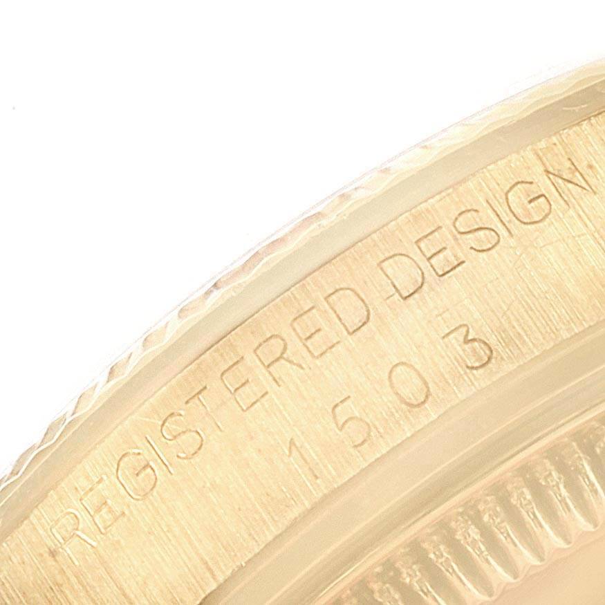 This is a close-up of the side engraving on the case of a Rolex Vintage Collection 1503 Men
s Yellow Gold Silver Dial 1503 Men
s Yellow Gold Silver Dial model watch.