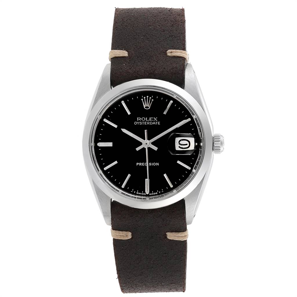 The image shows a front view of a Rolex Vintage Collection 6694 Men's Stainless Steel Black Dial 6694 Men's Stainless Steel Black Dial Oysterdate Precision watch with a black dial and brown leather strap.