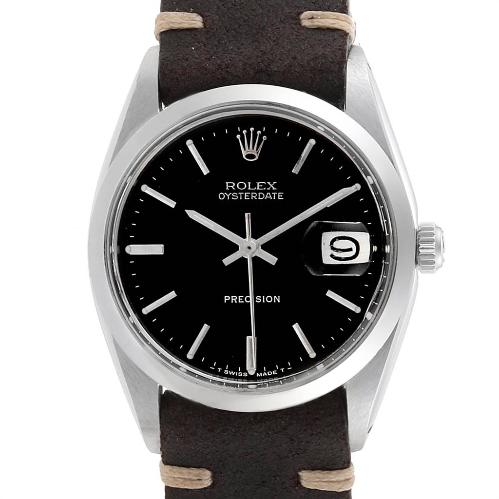 This image shows a front view of the Rolex Vintage Collection 6694 Men's Stainless Steel Black Dial 6694 Men's Stainless Steel Black Dial Oysterdate watch with a black dial and leather strap.