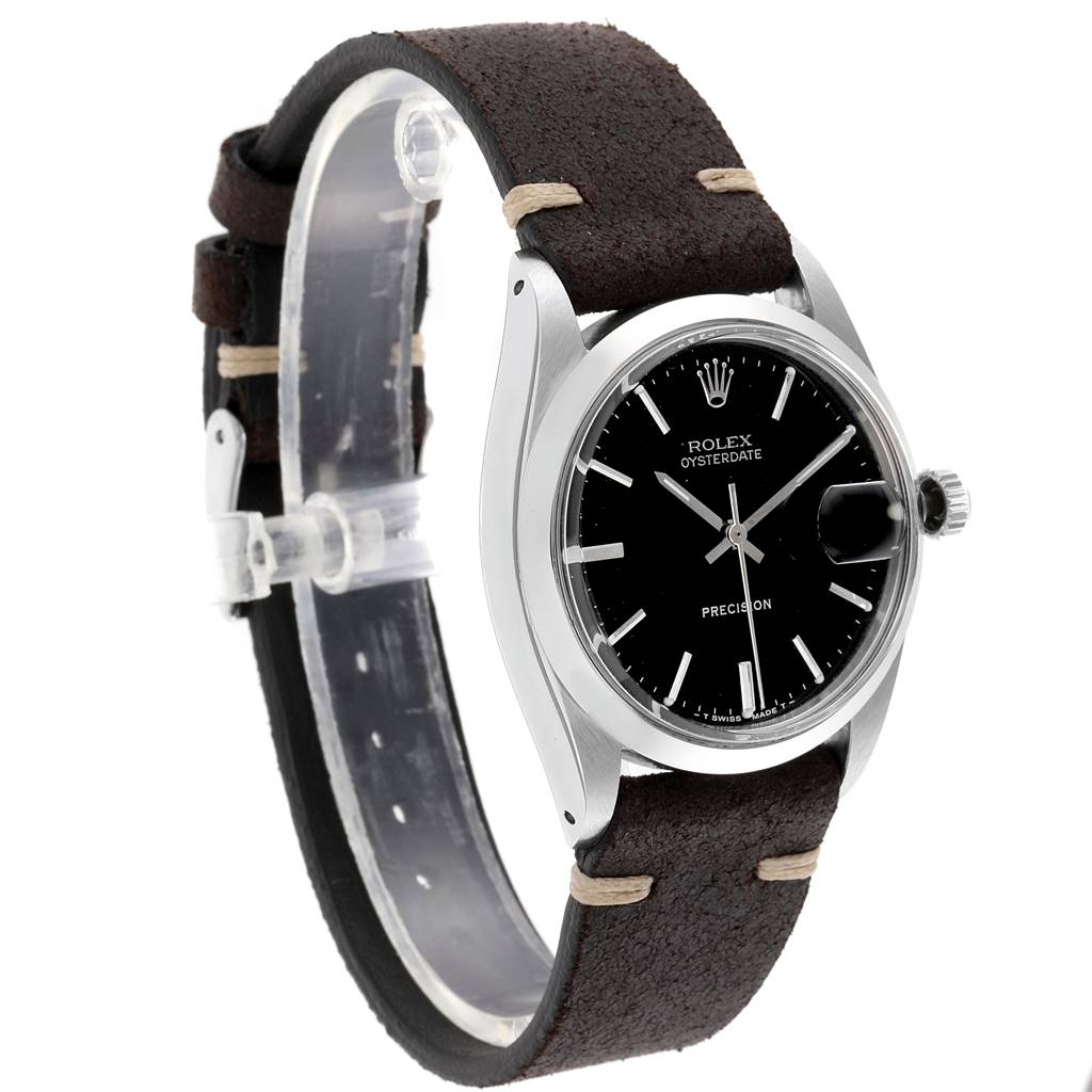 The photo shows the Rolex Vintage Collection 6694 Men's Stainless Steel Black Dial 6694 Men's Stainless Steel Black Dial model at a three-quarter angle, displaying the watch face, bezel, crown, and leather strap.