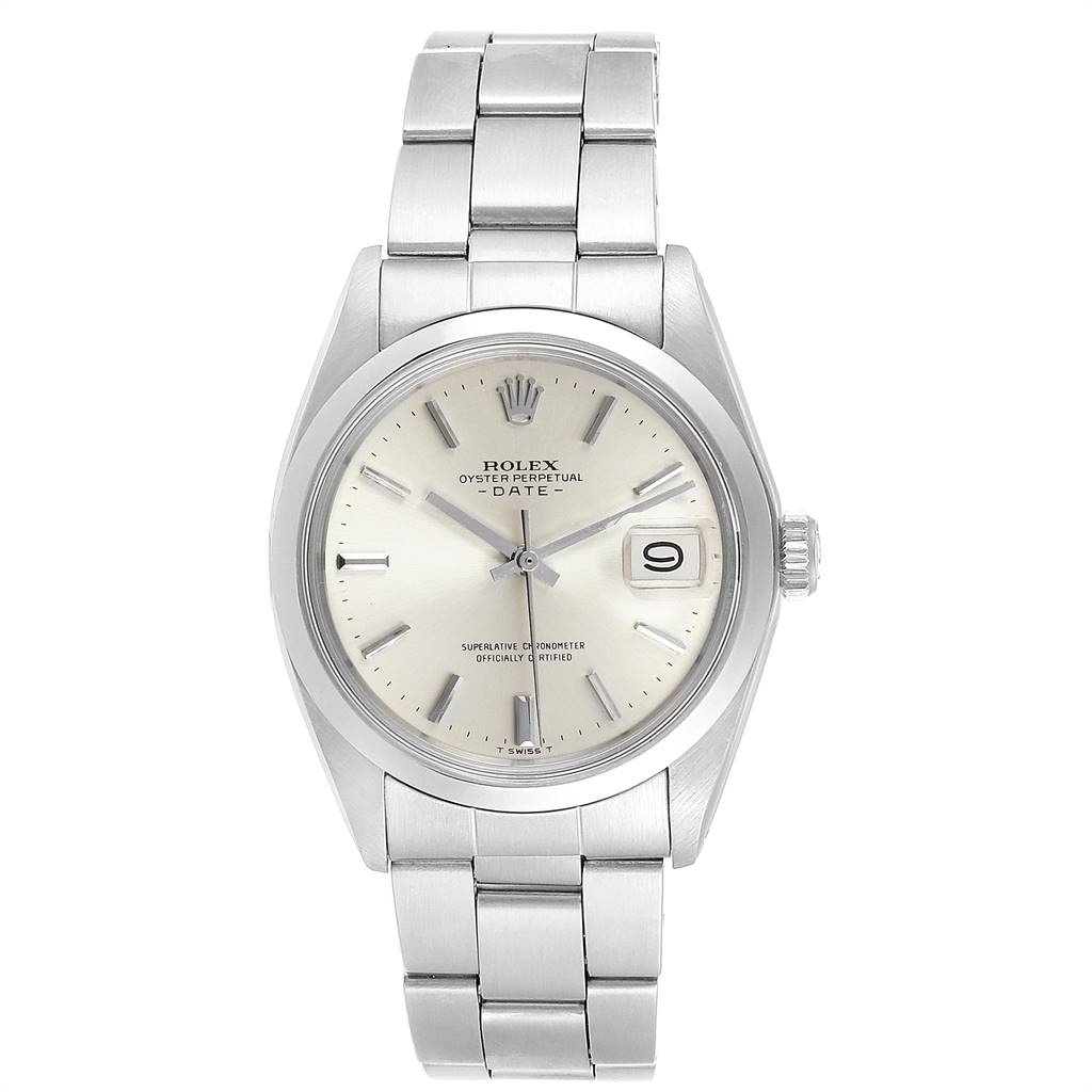 The Rolex Vintage Collection 1500 Men's Stainless Steel Silver Dial 1500 Men's Stainless Steel Silver Dial model is shown from the front, displaying the dial, hands, hour markers, date window, and bracelet.
