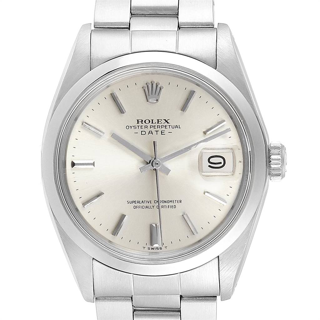 This image shows a frontal view of the Rolex Vintage Collection 1500 Men's Stainless Steel Silver Dial 1500 Men's Stainless Steel Silver Dial watch, featuring its dial, bezel, crown, and part of the bracelet.
