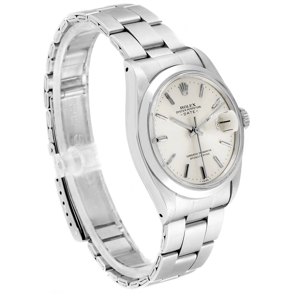 The Rolex Vintage Collection 1500 Men's Stainless Steel Silver Dial 1500 Men's Stainless Steel Silver Dial watch is shown at an angle displaying the face, bezel, and stainless steel bracelet.